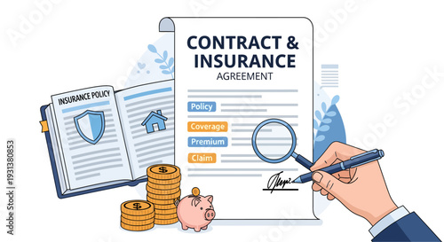 Insurance Policy and Contract Agreement with Money and Home Icons