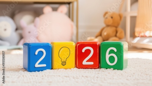 Colorful wooden blocks with numbers and a lightbulb on a carpet