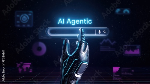 A futuristic robotic hand interacting with a digital interface in a dark virtual environment