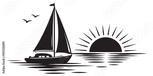 Summer Sailing Scene Silhouette, Vector Illustration, Isolated on White Background