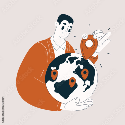 Cartoon vector illustration of man placing location marker on globe, travel and exploration concept, globe as metaphor for discovery, adventure and global connection