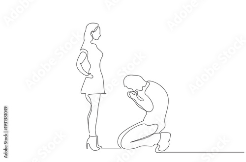 Cold Woman and Desperate Man Kneeling Begging Woman Standing Relationship One Line Art Design