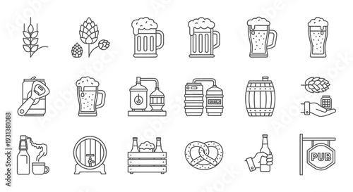 outline beer and brewing icons illustrating craft beverage production pub culture and ingredients for web and print designs.