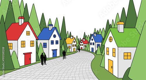 Colorful Village Street with Small Houses and Green Trees Vector Illustration.
