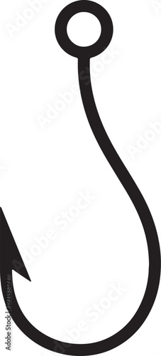 Black and white minimalistic fish hook with sharp barb and circular eyelet also transparent background