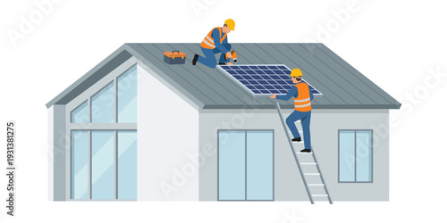 Solar Panel Installation on Modern House Roof by Professional Workers for Clean Energy