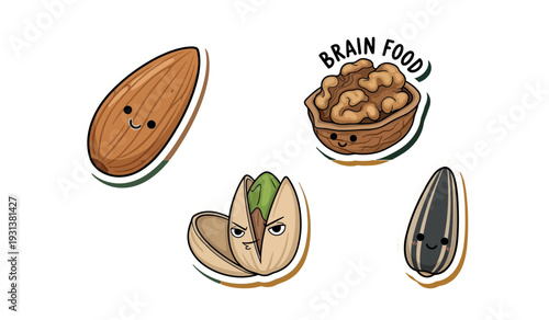 Set of cute kawaii nut stickers with almond, walnut, pistachio, and sunflower seed icons isolated on white.
