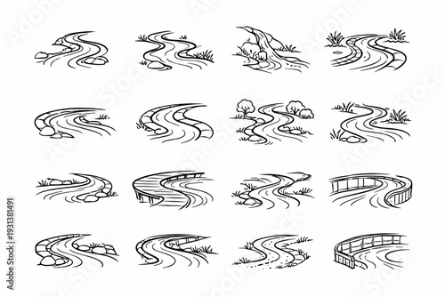 Bend park meadow vector image curve riverside waterway rill flow icon generation