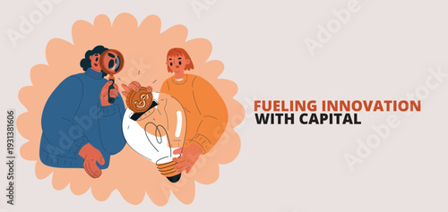 Cartoon vector illustration of one woman putting coin into lightbulb like a piggy bank while another examines it with magnifying glass, innovation and finance concept, lightbulb as metaphor for ideas 