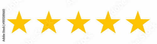 Five Golden Star Rating Icon Set – 5 Star Review Feedback Symbol for Customer Satisfaction and Quality Evaluation