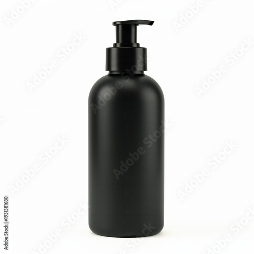 Matte black dispenser bottle with a pump mechanism sits centered on a stark white background, ready for branding customization.