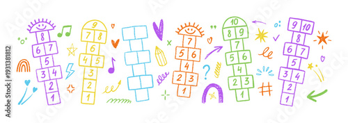 Playground hopscotch court, heart and music notes sketched with chalk or ctayon. Classic children's game with numbered steps. Color vector illustration.