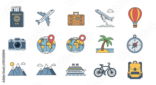 Travel icons collection featuring transportation, landmarks, and activities for journey planning and exploration purposes