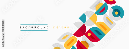 Abstract geometric shapes overlap, creating colorful background. Minimalist design features text labels, simple composition.