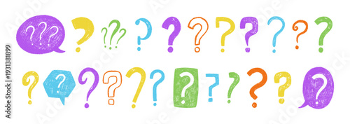 Hand-drawn question mark doodles and exclamation icons create a playful quiz concept with sketch-style brush strokes and handwritten elements with crayon texture. Color vector illustration.