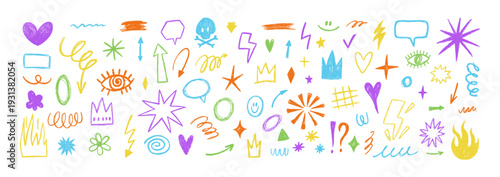 Punk rock doodle stickers with lightning bolts, hand-drawn fire flames, and edgy rock music icons. Doodle illustration with crayon texture.