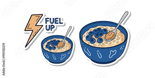 Healthy breakfast oatmeal porridge bowl with blueberries and spoon icon set with lightning bolt fuel up text sticker for fitness and nutrition concepts.
