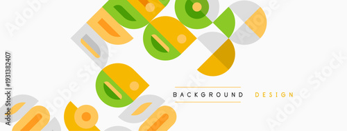 Abstract geometric shapes overlap, creating vibrant background. Colors include orange, green, beige, gray. Minimalist design feels modern, clean.