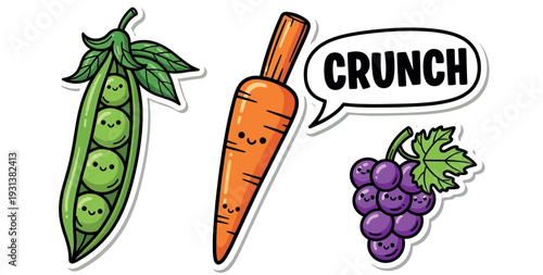 Cute Kawaii Vegetable and Fruit Stickers Set: Happy Peas in a Pod, Smiling Carrot, and Purple Grapes with "Crunch" Comic Bubble Vector Illustration