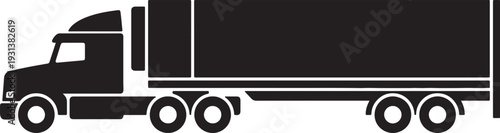Black silhouette of a semi-truck with a long trailer on white background also transparent background