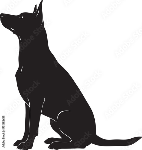 Black silhouette of a sitting dog looking up also transparent background