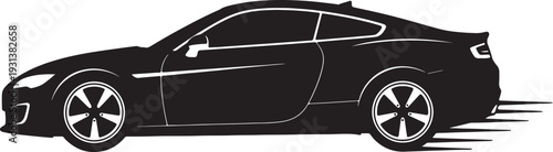 Black silhouette of a sleek sports car with shiny rims and smooth curves also transparent background