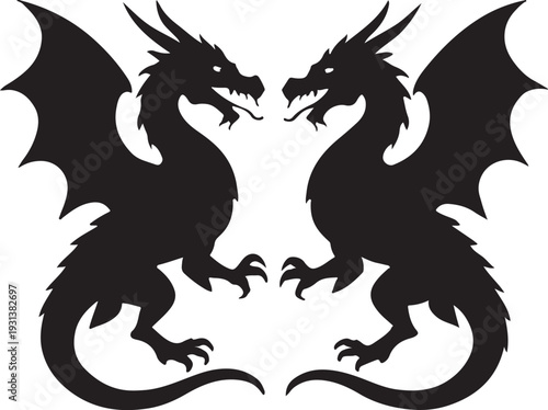 Two Confronting Dragon Silhouettes Symmetrical Fantasy Vector Illustration