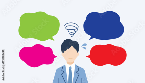 Flat Vector Illustration of a Worried Businessman in Suit with Speech Bubble Concept