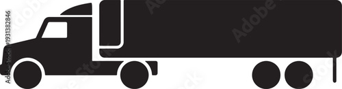 Black silhouette of tractor trailer truck with long cargo trailer also transparent background