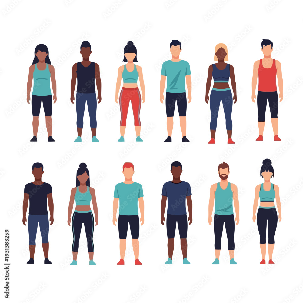 Obraz premium Diverse group of people standing together wearing athletic clothing, showcasing various fitness styles and outfits in a simple illustration.