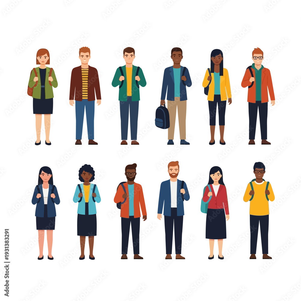 Fototapeta premium Diverse group of people standing together in a modern urban environment from a straightforward viewpoint