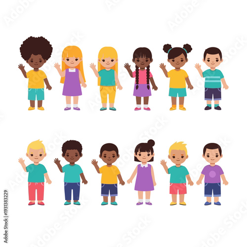 Diverse children standing together in a unity gesture, promoting togetherness and diversity among youngsters in a vibrant illustration