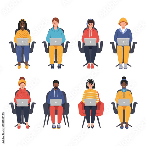 Diverse group of people working on laptops in a modern office environment from a top-down viewpoint