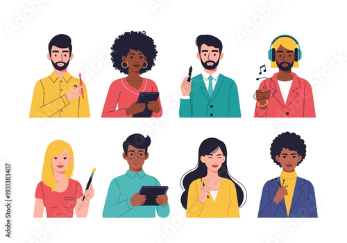 Diverse individuals showcasing various professions and activities in a modern flat illustration style