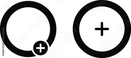 Two black circular icons, one with a smaller plus sign inside, representing add, new, or create actions.