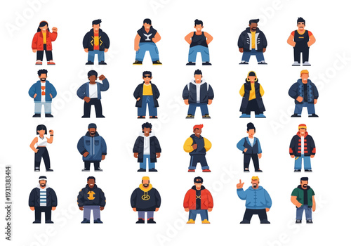 Collection of diverse young people in casual clothing standing in various poses on a white background