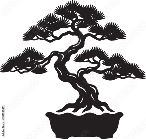 Silhouette of a bonsai tree with curved trunk and dense foliage in black and white also transparent background