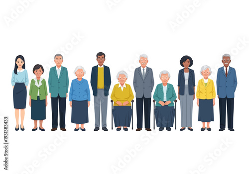 Diverse group of people standing together in a line against a white background