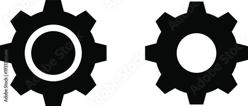 Black gear icons and cogwheels on white background, symbolizing teamwork, mechanics, industry, and concepts of connection and collaboration.