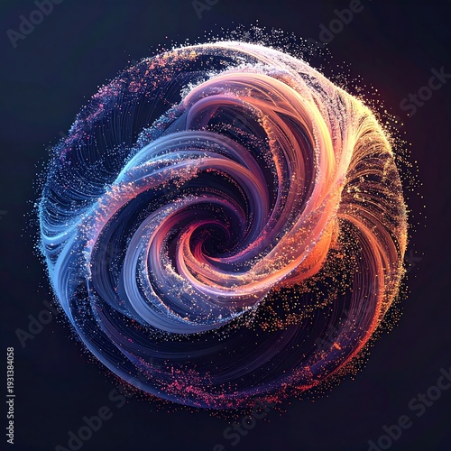Vibrant swirling particle spiral in shades of blue, orange on dark
