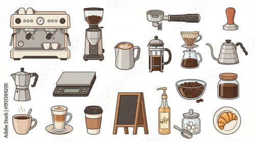 Complete Coffee Shop Elements Vector Set, Barista Workspace Icons for Menu Design