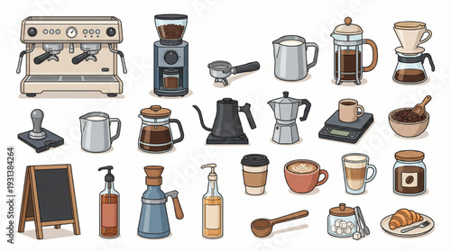 Coffee Brewing Icon Bundle, Espresso and Cafe Accessories for Branding and Packaging