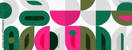 Abstract geometric shapes overlap, creating playful pattern. Green, pink, gray hues dominate composition. Modern design element.
