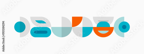 Abstract geometric shapes, circles, rectangles, overlapping forms create modern design. Light blue, orange hues dominate composition. Minimalist aesthetic.