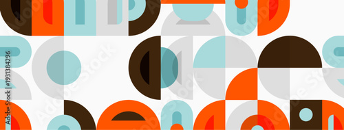 Retro pattern features overlapping circles, semicircles. Colors include orange, brown, teal, gray, white. Simple geometric design.