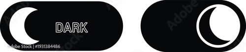 Collection of toggle switch vector illustration icons demonstrating the activated dark mode setting featuring a crescent moon symbol and the word dark for interface design