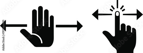 Gesture icons for swiping left and right, and tap with fingers for touch screen interaction.