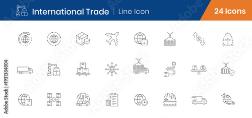 International Trade Outline Icons Set of 24. Import Export, Global Logistics, Shipping Linear Vector Editable Stroke Icons
