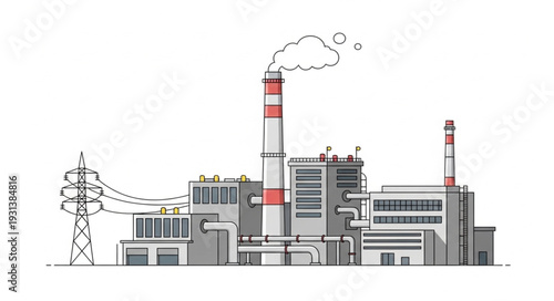 Industrial Factory with Smokestack and Buildings.