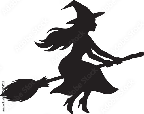 Silhouette of a witch flying on a broomstick with flowing hair and a pointed hat also transparent background